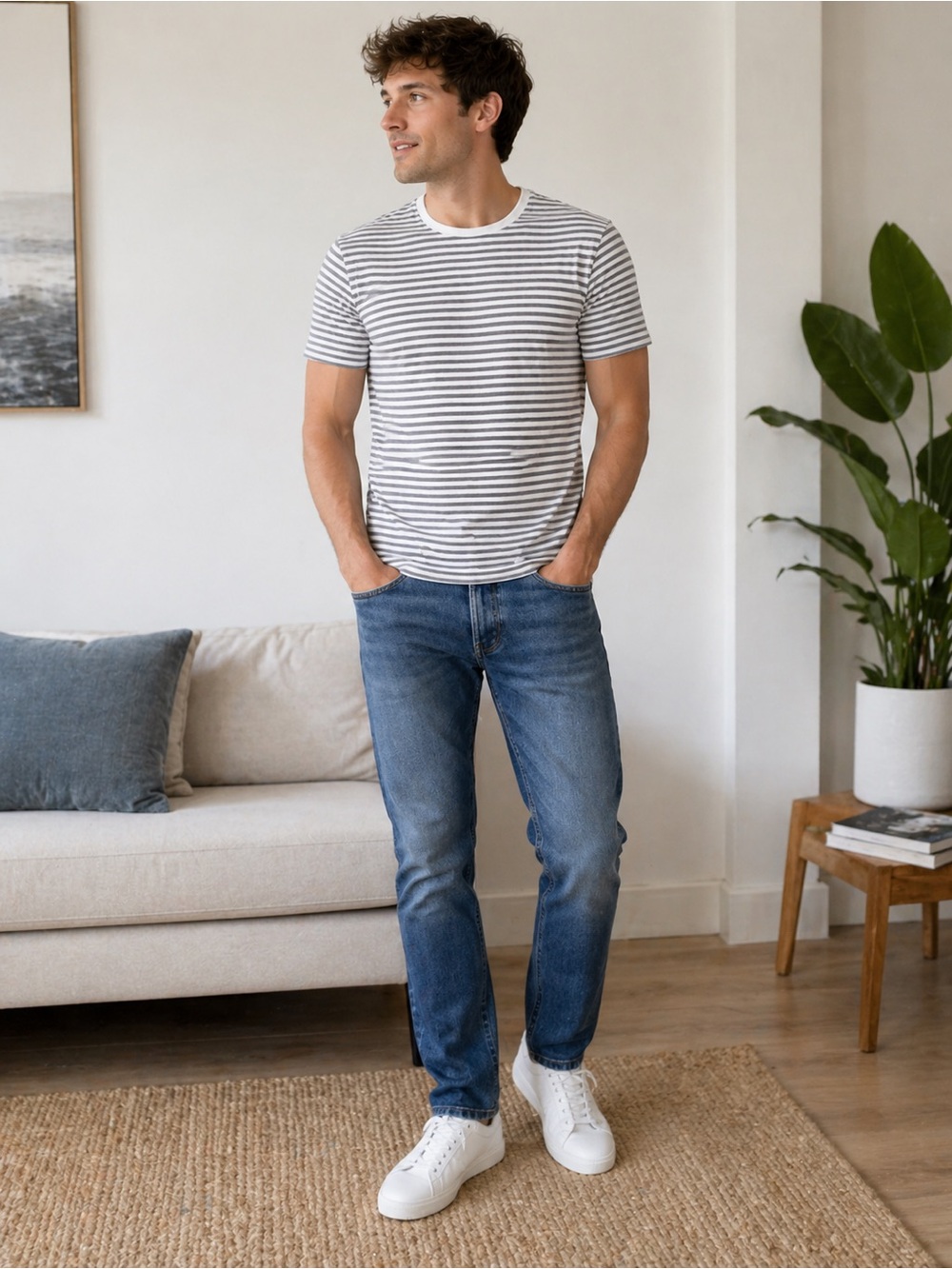 H&M Slim Fit Striped T-Shirt Gray White Crew Neck Size Large